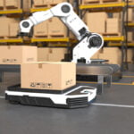 The Robot arm picks up the box to Autonomous Robot transportation