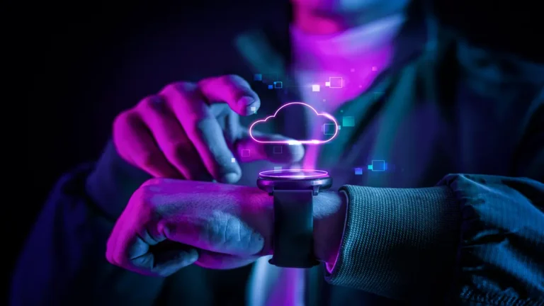 Latest Advancements in Electronics showing a futuristic hologram on a smartwatch
